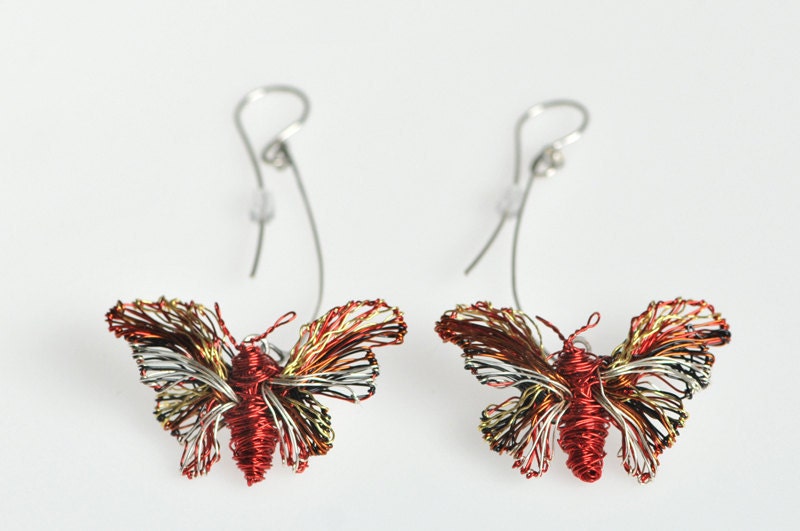 Butterfly earrings Floating.Handmade wire wrapped insects.Unique art sculpture jewelry.Wire wrapped jewelry.