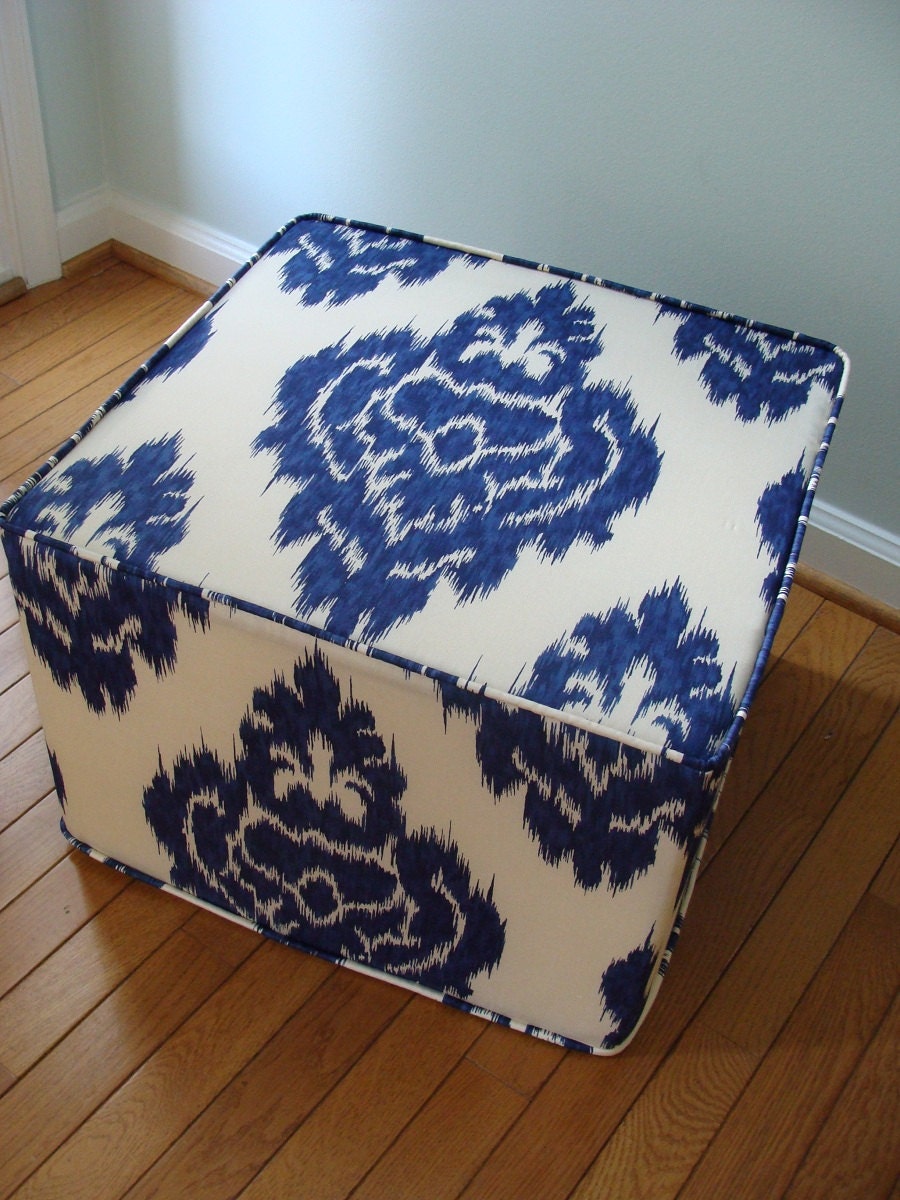 pouf Ikat Duralee unique floor ottoman modern pouf blue and ivory ikat