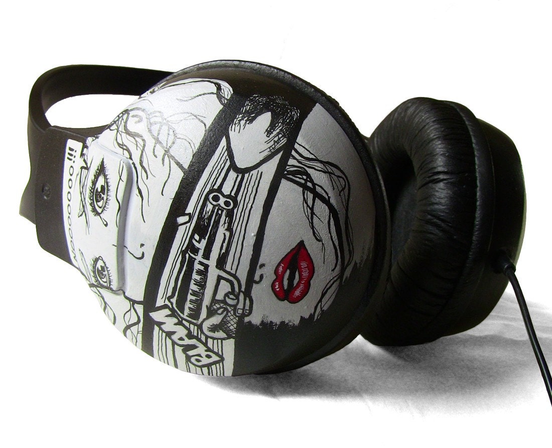 Comic Headphones earphones in black and white painted custom Made to Order
