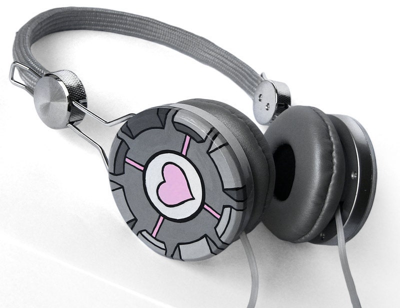 LAST ONE Companion cube Headphones earphones grey pink hand painted
