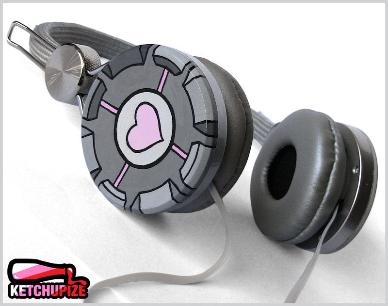 LAST ONE Companion cube Headphones earphones grey pink hand painted