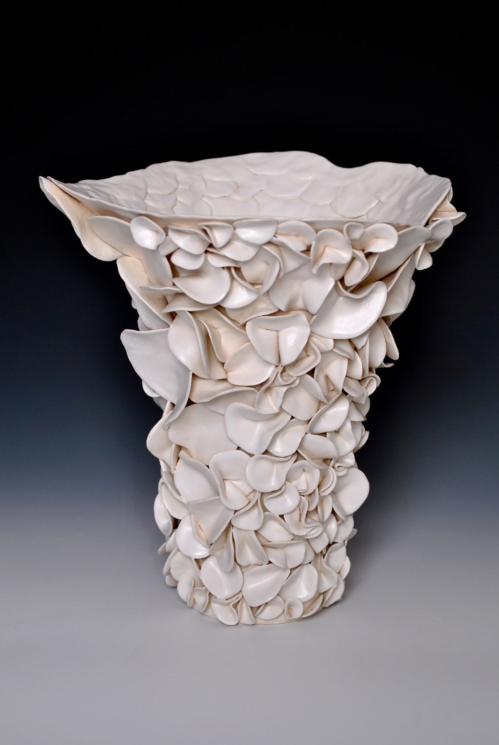 Items similar to Floral Pottery Vase, Sculpture, White, Petal, Shell