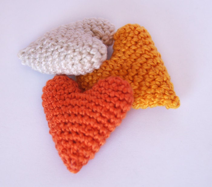 Set of 3 Crocheted Hearts in pumpkin colors