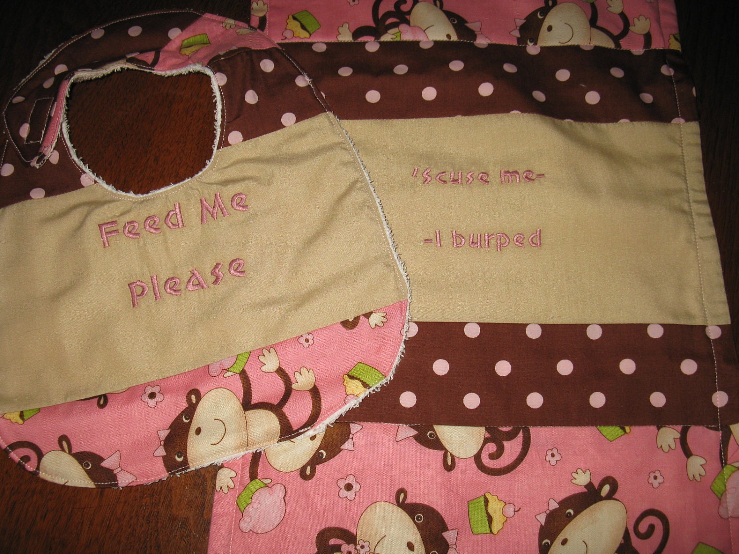 Cute Bib and burp cloth set with embroidered sayings