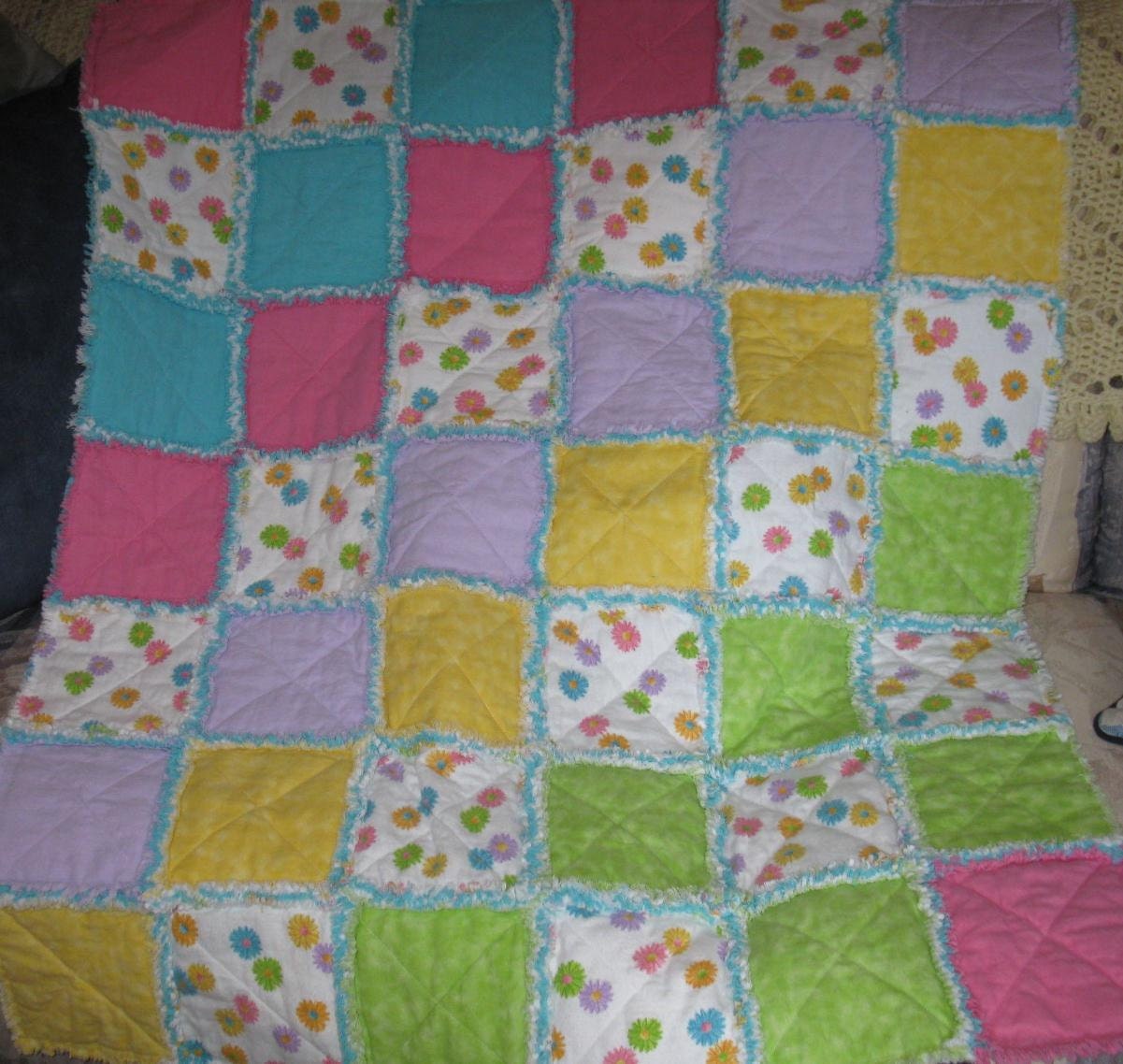 SALE - Clearance - Colorful Flowered Warm Flannel Girls Rag Quilt