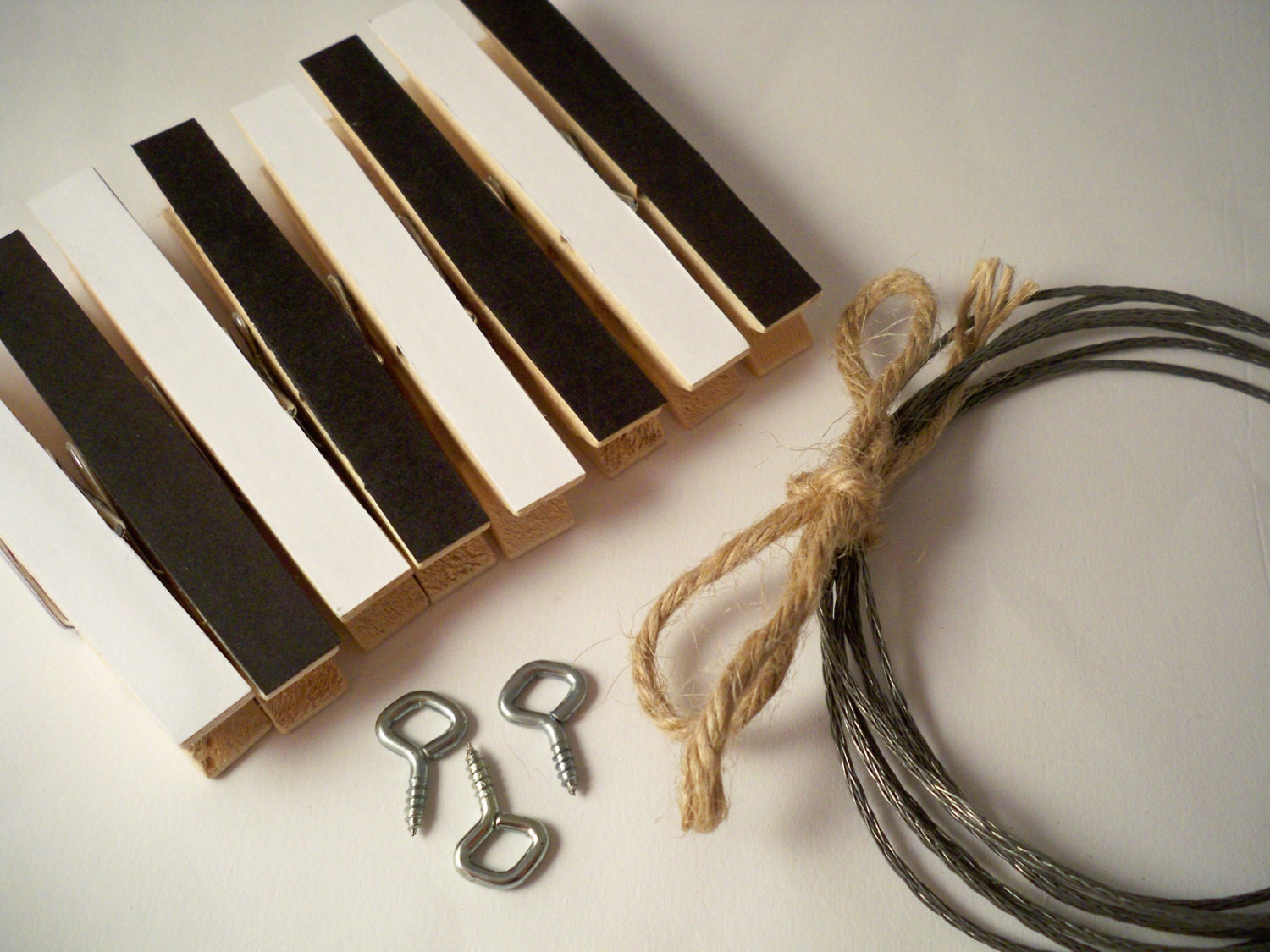 Clothesline Kit Indoor. Solid Black and White Clothespins. Picture Hanging. Modern. Photo Frame. Banner. Garland. Sleek. Piano.
