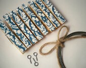 Clothesline Kit. Damask Metallic Clothespins. Photo Frame. Picture Hanging. Fun Office. Home. Pegs. Clips. Aqua Blue.