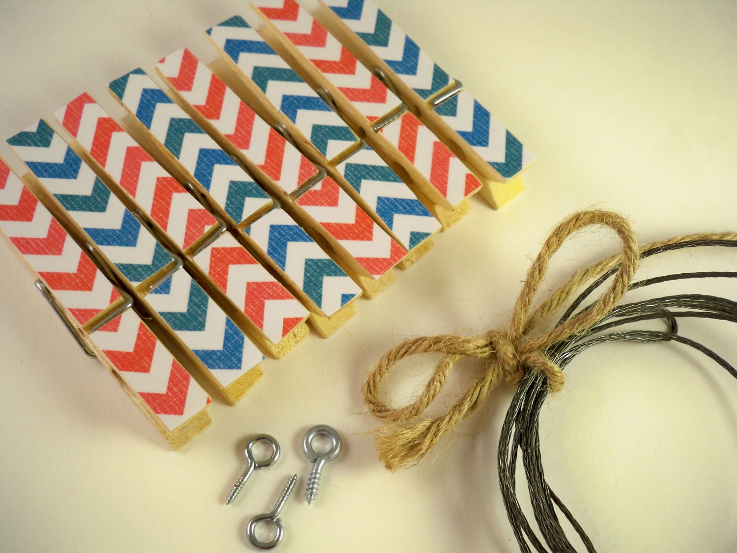 Chevron 4th of July Clothesline Kit. Photo Clips. Picture Hanging. Home Office. Patriotic. Summer. Shore House. Nautical. Beach. Wall Decor.