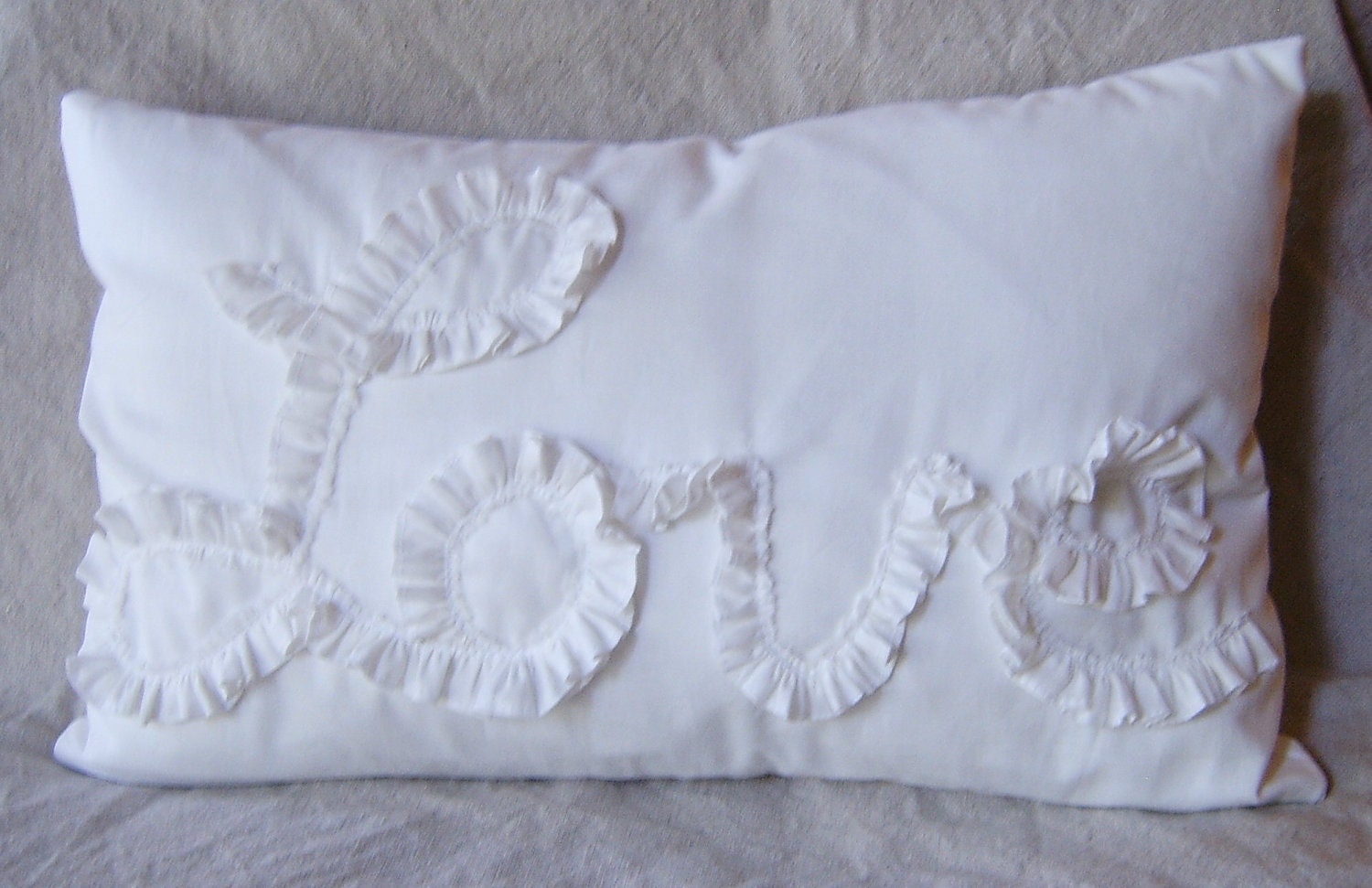 White Muslin "Love" in Ruffle 18" X 12" Lumbar Pillow Cover