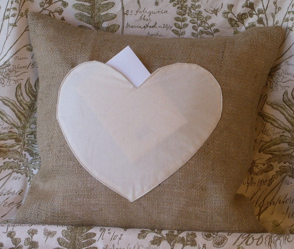 Be My Valentine Burlap with Muslin Heart Pocket - Lover Letter Pillow Cover 16" X 16"