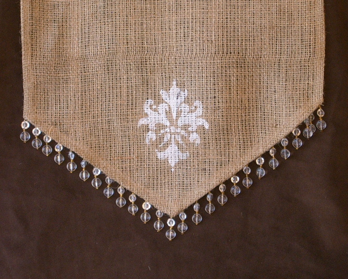 Burlap Table Runner 36 inch with Hand Stenciled Fleur Design w/Clear, Gold- Bead Trim 36 X 14 inches
