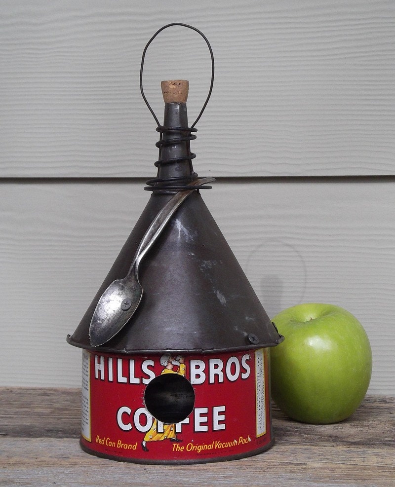 Coffee can birdhouse, whimsical birdhouse,  funnel roof, red, vintage, recycled
