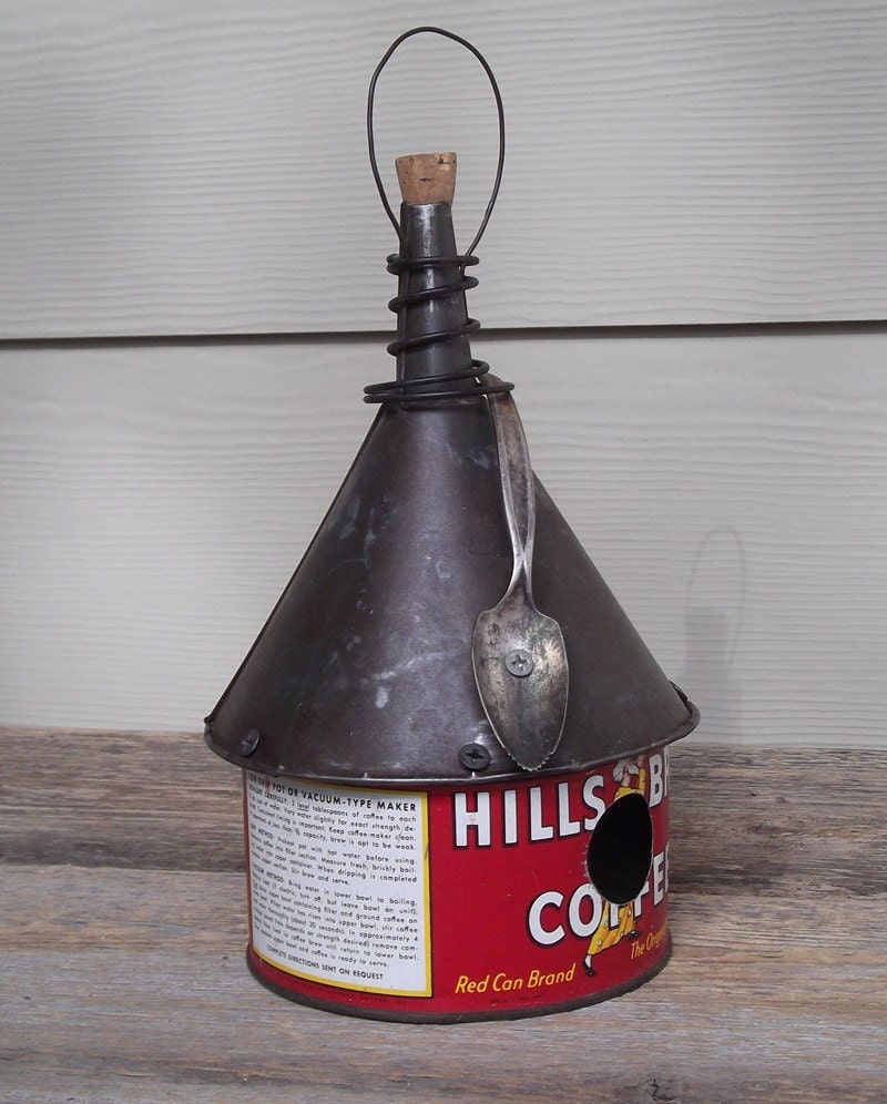 Coffee can birdhouse, whimsical birdhouse,  funnel roof, red, vintage, recycled