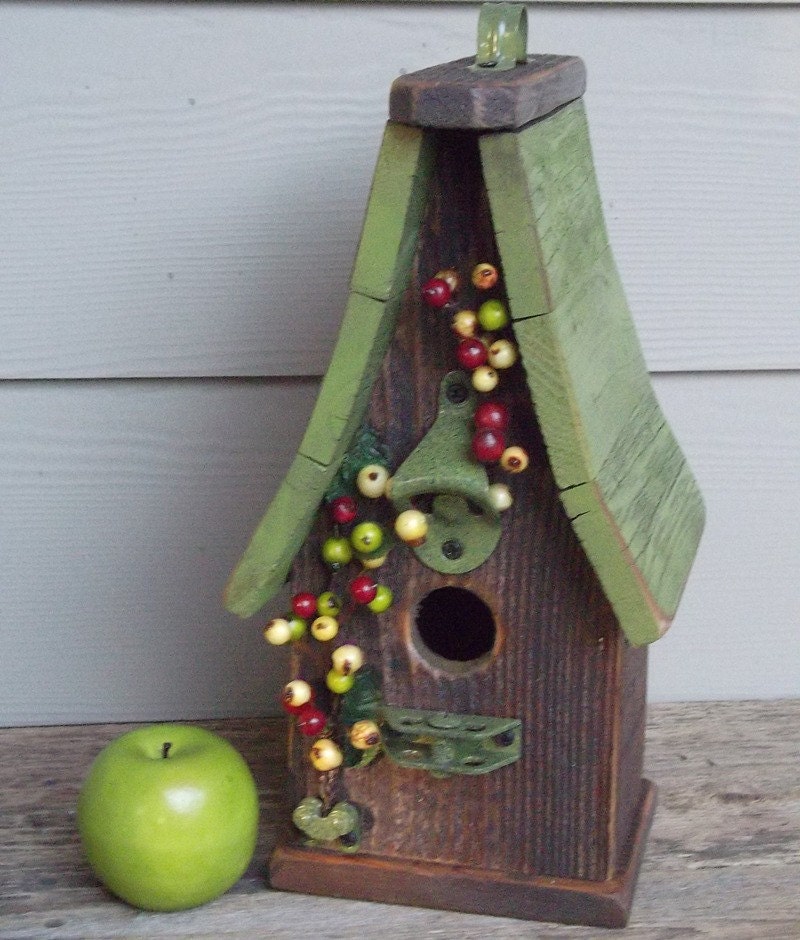 Primitive birdhouse, lime green, one of a kind, berries, decorative birdhouse, outdoor birdhouse, wood birdhouse, rustic, recycled