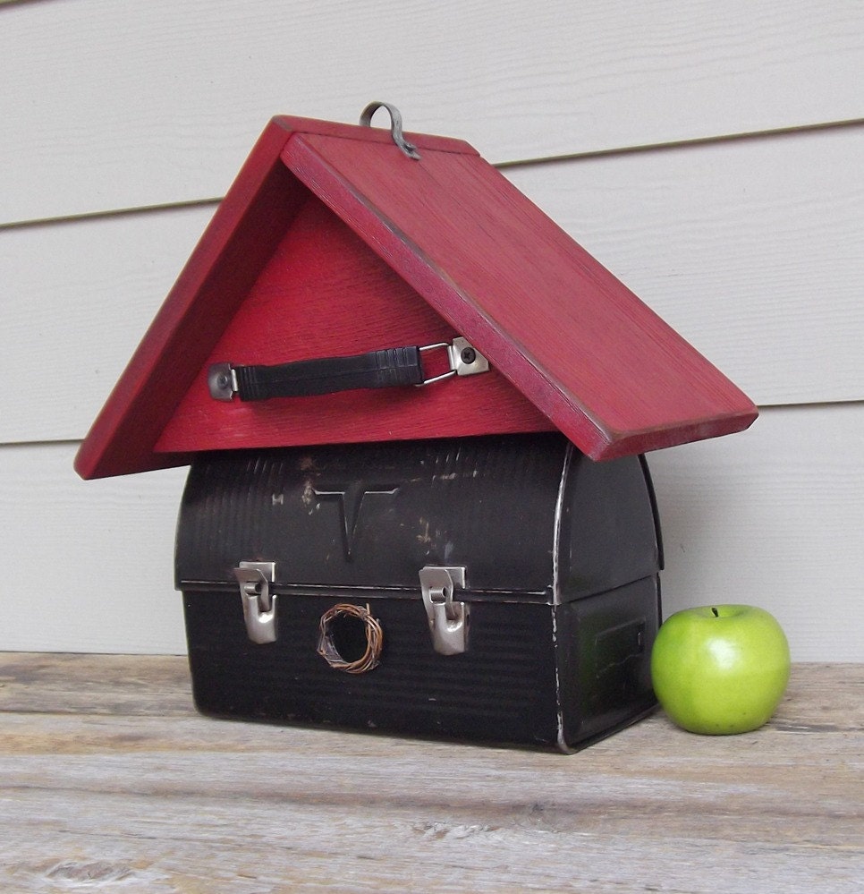 Whimsical Birdhouse, One of a Kind, Vintage Lunch Box, Masculine Birdhouse, Metal Birdhouse, Decorative Birdhouse, Outdoor Birdhouse