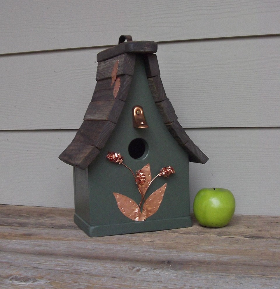 Primitive Birdhouse, Rustic BIrdhouse, Copper Flowers, Hunter Green, Decorative Birdhouse, Outdoor Birdhouse, Recycled Hardware
