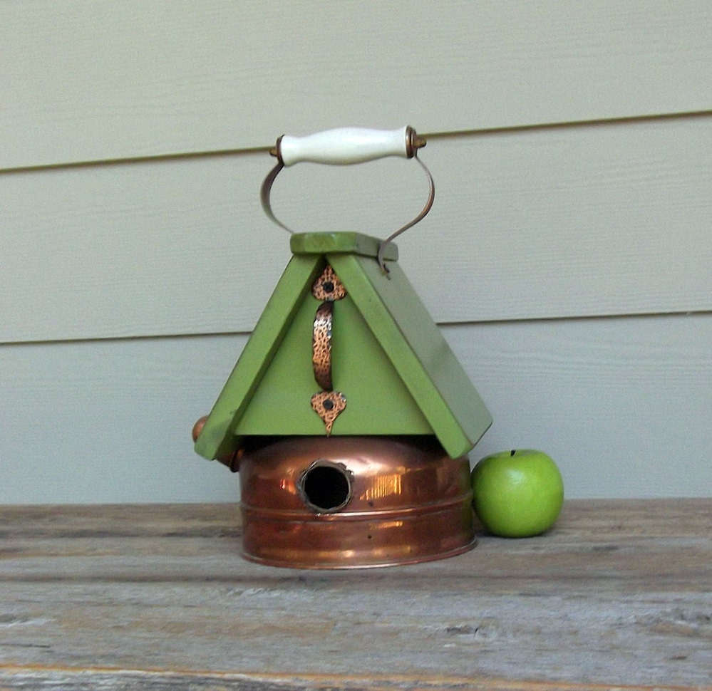 Vintage Copper Tea Kettle Birdhouse, Whimsical Birdhouse, Lime Green, Reclaimed, Recycled, Decorative or Outdoor Birdhouse