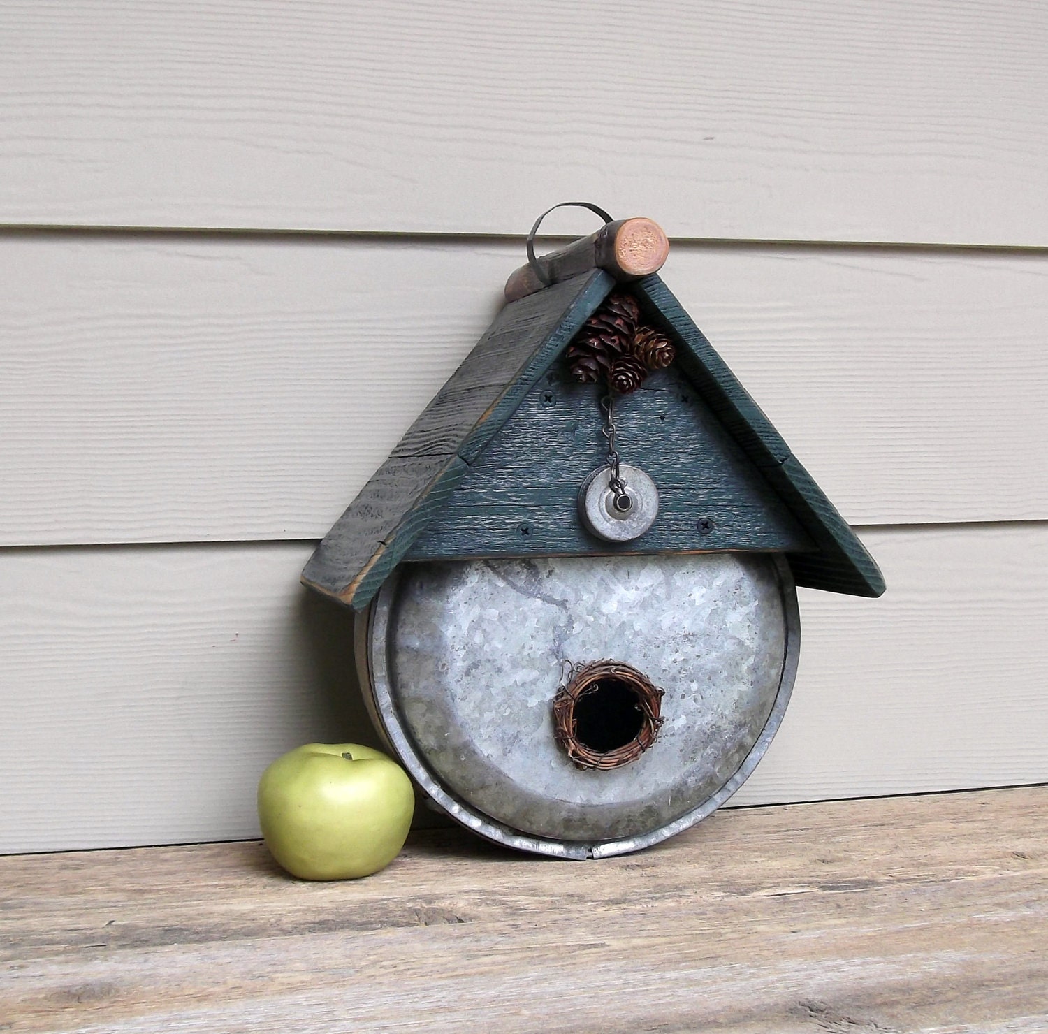 Vintage Canteen Birdhouse, Whimsical Birdhouse, Repurposed, Recycled, Rustic Birdhouse, Outdoor or Decorative Birdhouse, OOAK, Pinecones