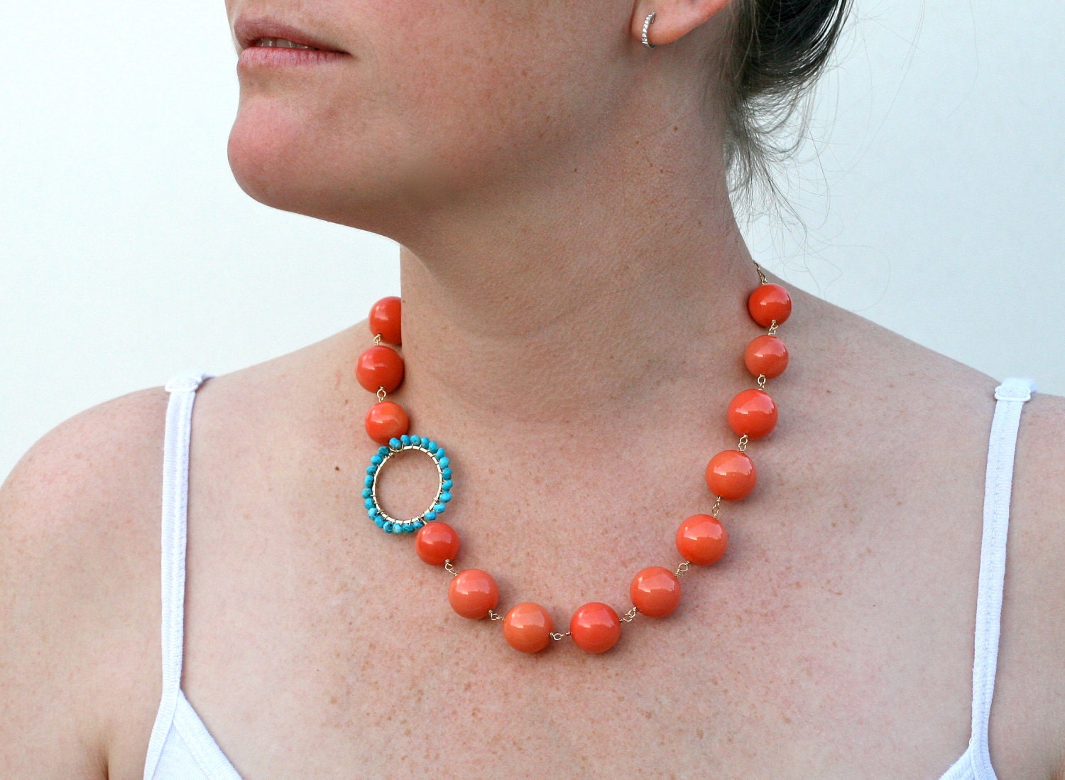 Beach Necklace Pink Coral and Turquoise 14k Gold Filled - Ready to ship