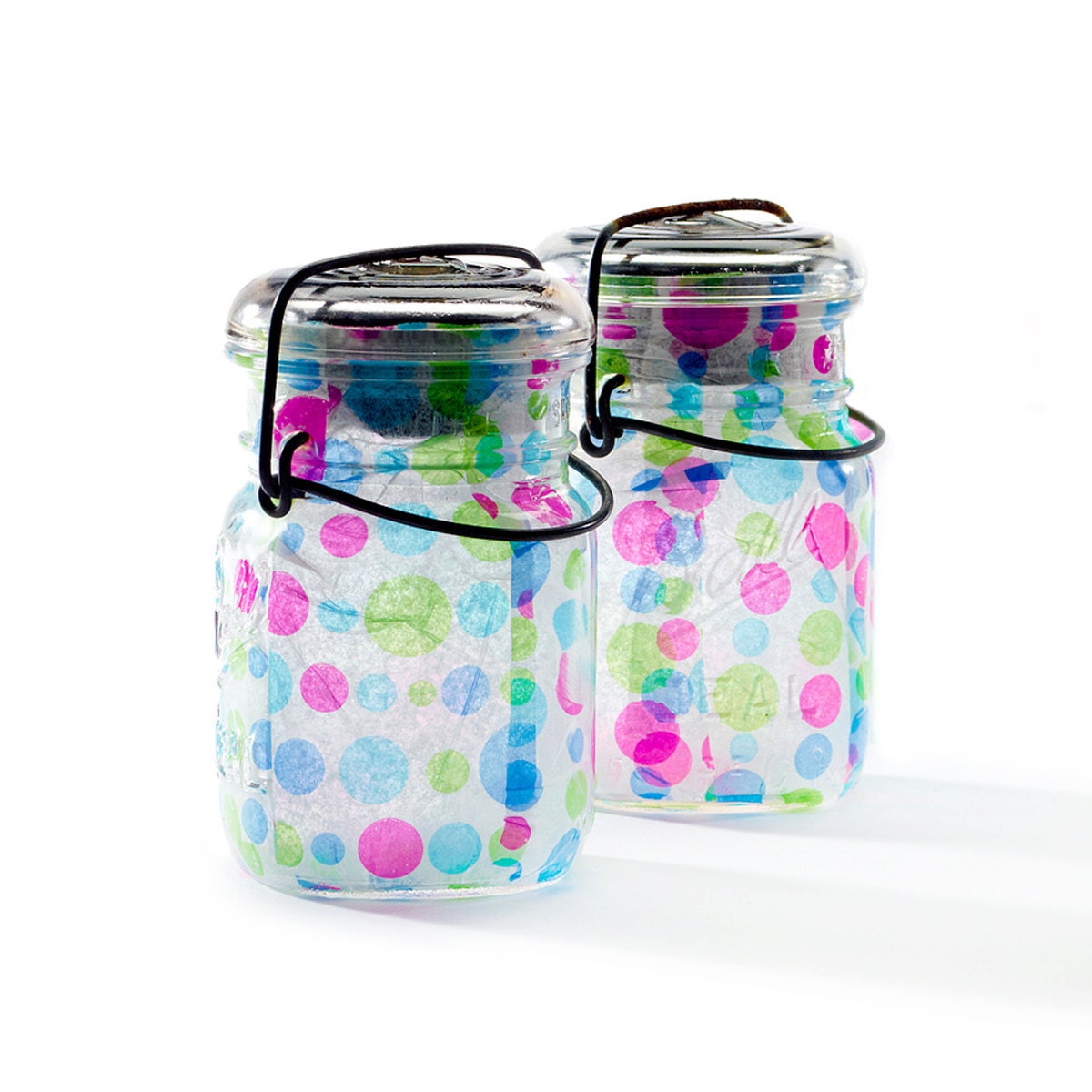 vintage atlas & ball glass top mason jars .. handmade solar lights : pint size decoupage - blue green and purple polka dots set of two