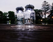 minimalist wedding decor - set of four vintage atlas & ball glass top mason jars .. handmade solar lights : quart size clear