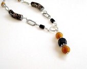 Black Necklace Silver Jewelry Chain Jewellery Tan Pendant Unique Abstract Tube Beads Wire Wrapped Funky N-103