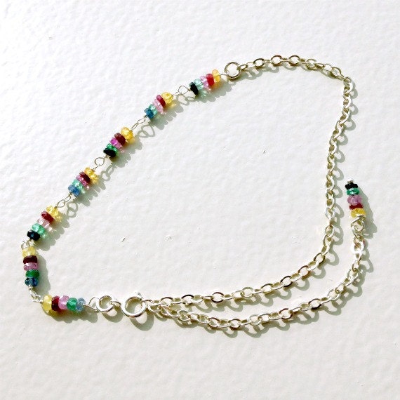 Sapphire Bracelet Multi Color Chain Bracelet Sterling Silver Jewelry Sapphire Stone Jewellery Bead Bar Dainty Thin Chain Layer Stack B-183