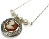 Cameo Locket Necklace Pearl Bead Bar Silver Jewelry Gemstone Jewellery Pendant Lady Profile Silhouette Chain N-203