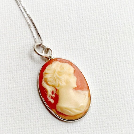 Cameo Necklace Sterling Silver Jewelry Vintage Jewellery Chain Lady Silhouette Profile Accessory Profile Figure Camee Pendant N-236