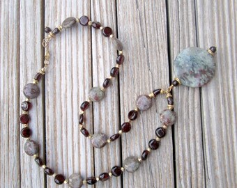 Garnet Necklace Red and Green January Birthstone Zoisite Gemstone Jewelry Jewellery Pendant Beaded Gold Vermeil Unique N-89