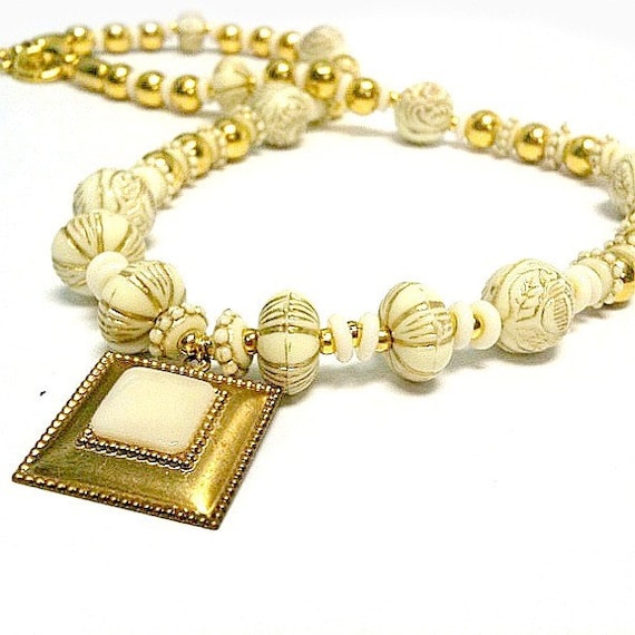 Cream  Necklace Cream Pendant Yellow Gold Jewelry Art Deco Beaded Etched Gift Ideas for Her Unique Beaded Vintage Style N-27