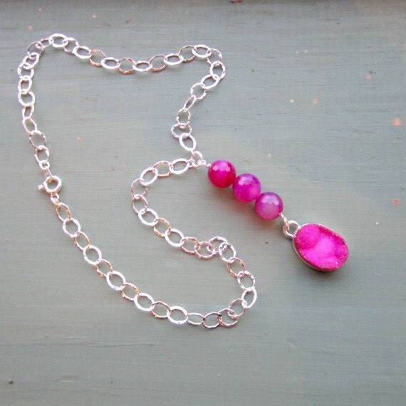 Pink Druzy Necklace Druzy Pendant Sterling Silver Jewelry Drusy Hot Pink Neon Jewellery Colorblock Gift Ideas Spring Fashion Dipped
