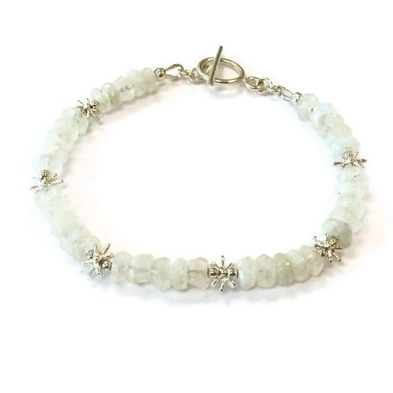 Rainbow Moonstone Bracelet Sterling Silver Jewelry Natural Gemstone Jewellery Iridescent Star Fashion Everyday Minimal Summer Fashion B-273
