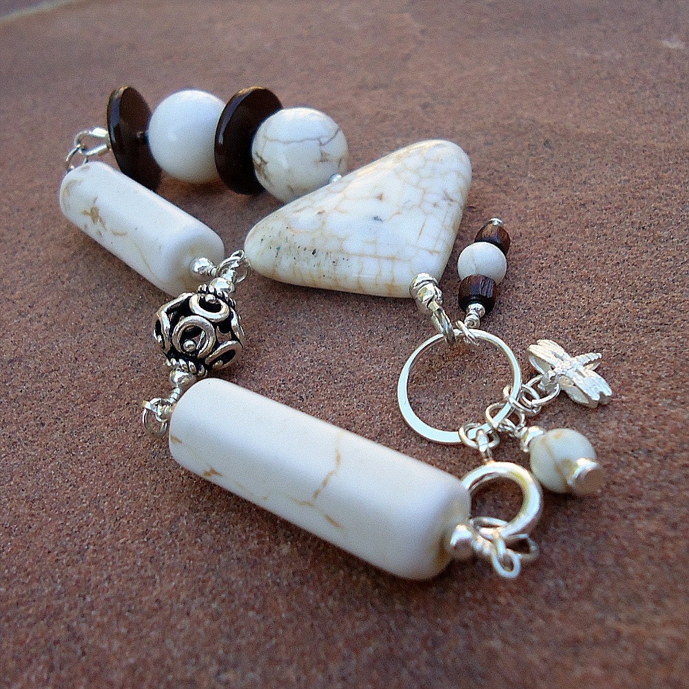 White Howlite Bracelet Asymmetric Triangle Dragonfly Charm Geometric Sterling Silver Jewelry Brown Cream Gemstone Jewellery Wood B-16