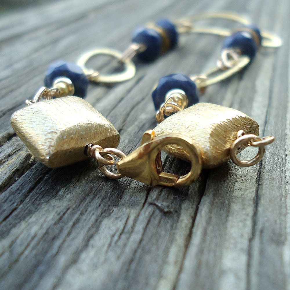 Navy Blue Sapphire Bracelet Yellow Gold Jewelry September Birthstone Jewellery Gemstone 5th Wedding Anniversary Unique Fashion Brushed B-8