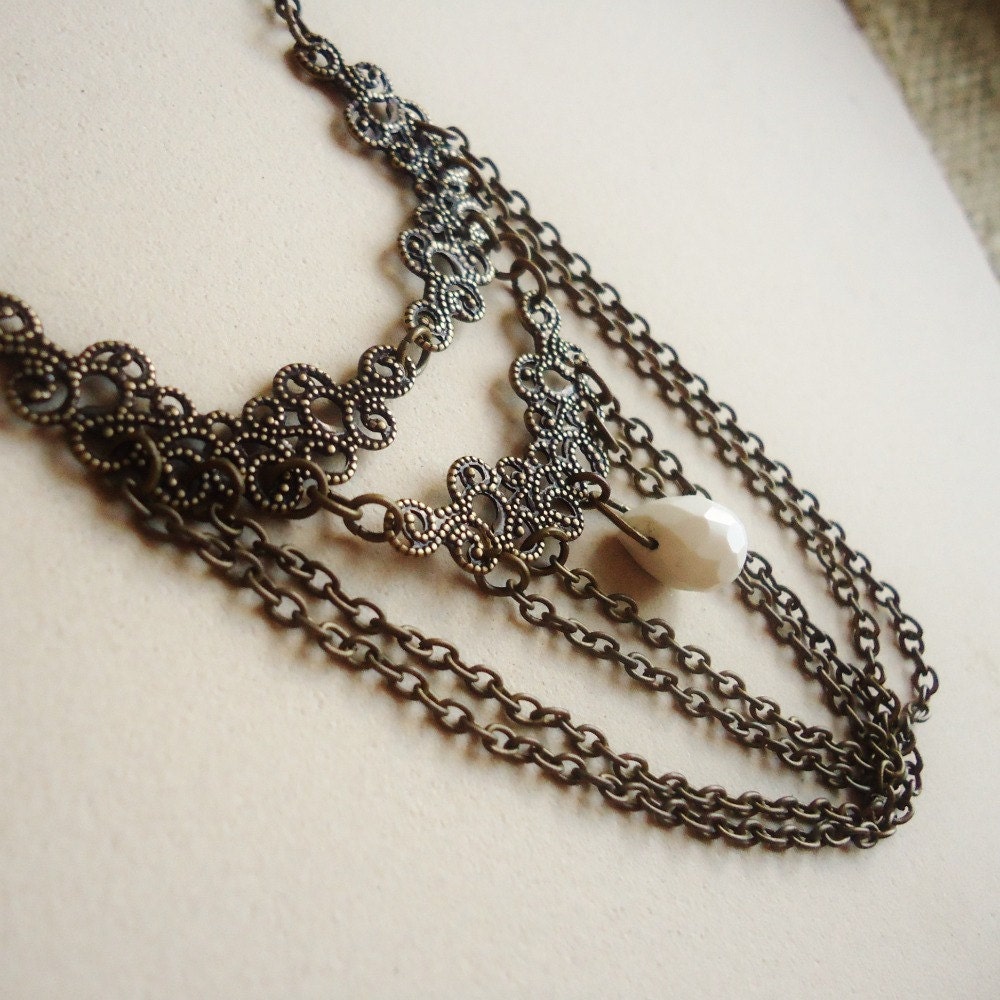 Turquoise Necklace Brass Necklace Criss Cross Chain Jewelry White Gemstone Jewellery Pendant Unique Renaissance Victorian Scroll Loop N-60