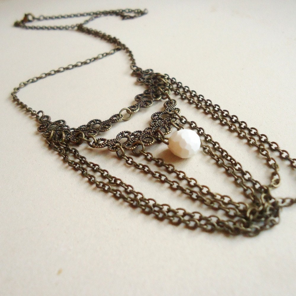 Turquoise Necklace Brass Necklace Criss Cross Chain Jewelry White Gemstone Jewellery Pendant Unique Renaissance Victorian Scroll Loop N-60