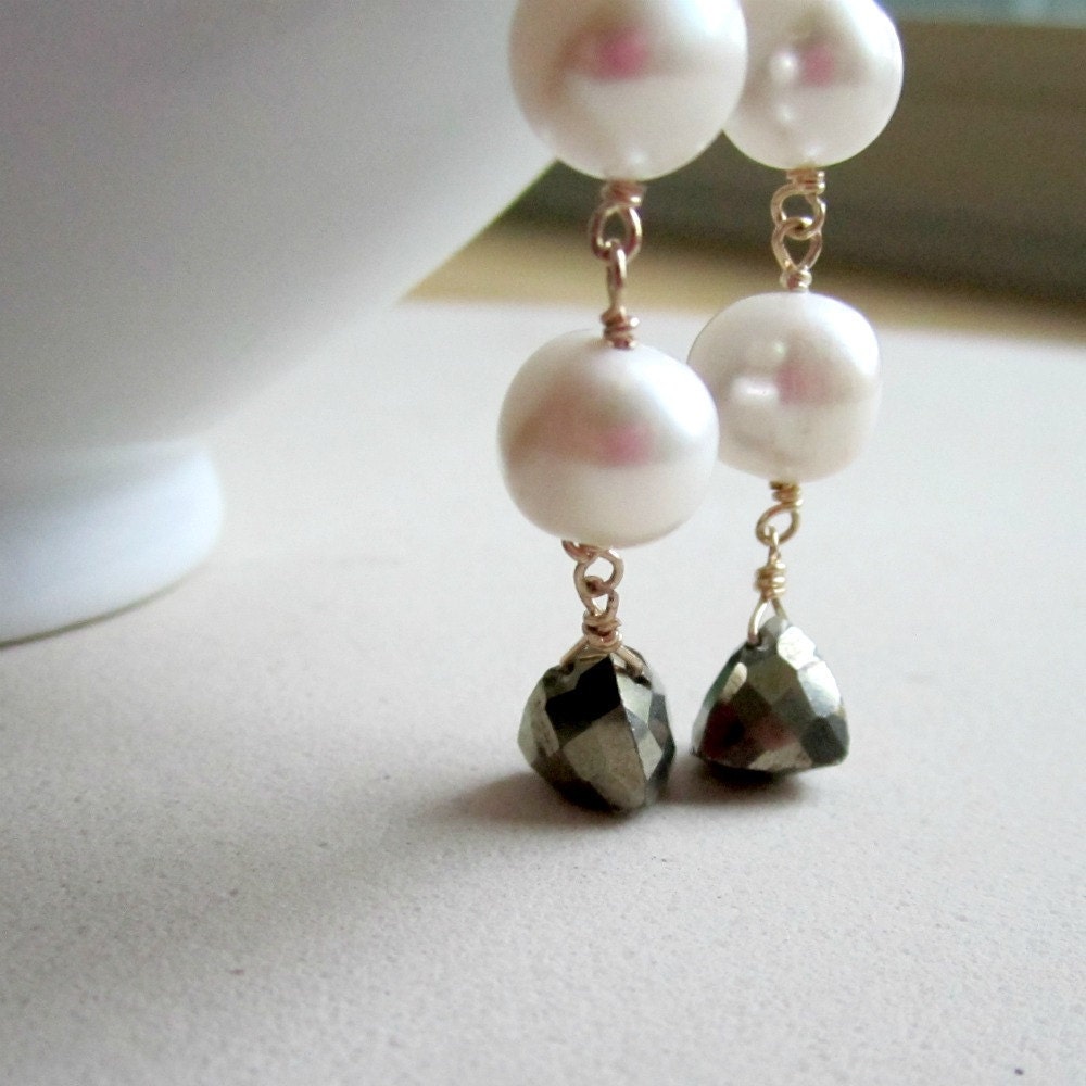 Pearl Earrings Yellow Gold Jewelry Pearl Pyrite Natural Gemstone Trillion Jewellery Fools Gold Fashion Unique