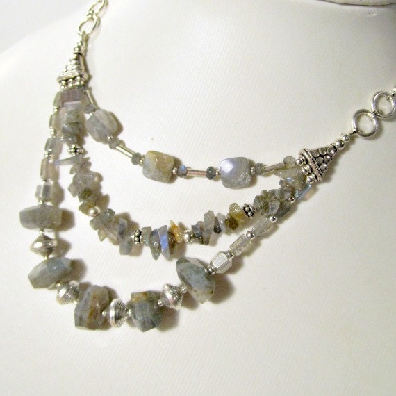 Gray Labradorite Necklace Sterling Silver Jewelry Multistrand Jewellery Triple Strand Grey Custom Gemstone Beaded N-121