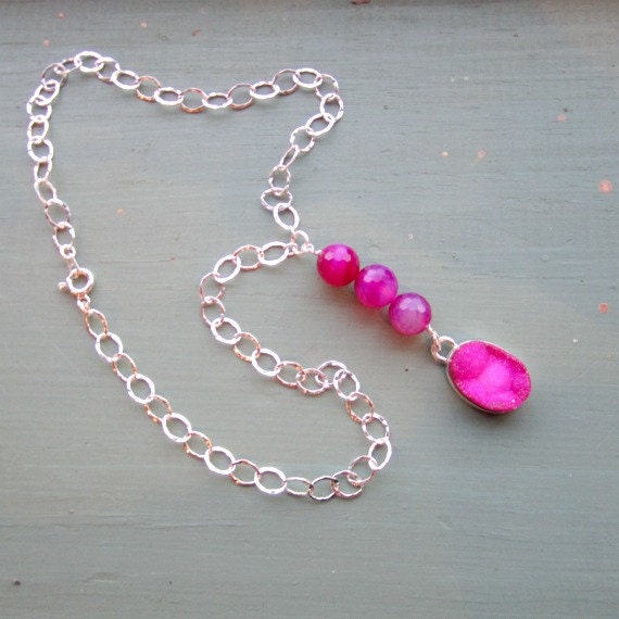 Pink Druzy Necklace Druzy Pendant Sterling Silver Jewelry Drusy Hot Pink Neon Jewellery Colorblock Gift Ideas Spring Fashion Dipped