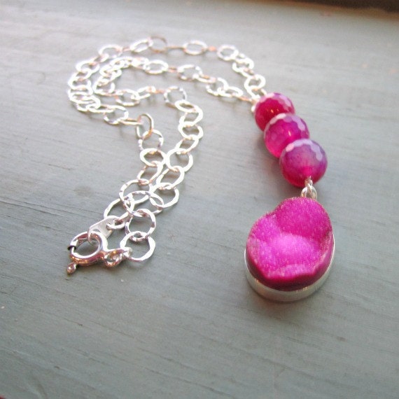 Pink Druzy Necklace Druzy Pendant Sterling Silver Jewelry Drusy Hot Pink Neon Jewellery Colorblock Gift Ideas Spring Fashion Dipped