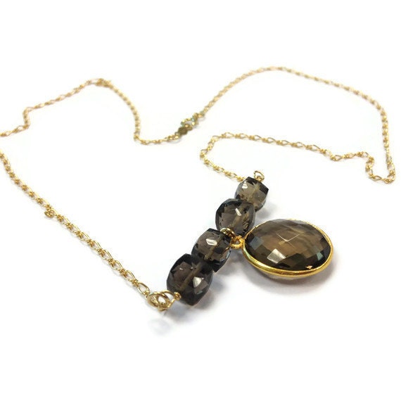 Brown Smoky Quartz Necklace Bead Bar Yellow Gold Jewelry Gemstone Jewellery Pendant Chain Mother's Day Gift N-206