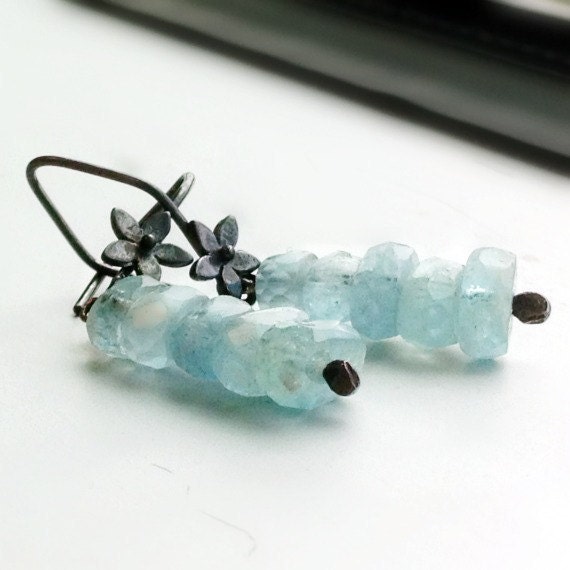 Aquamarine Earrings Oxidized Sterling Silver Jewelry Gemstone Dangle Flower Earrings March Birthstone ER-113