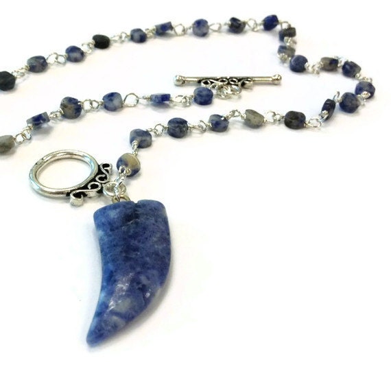 Denim Blue Necklace Sterling Silver Jewelry Sodalite Natural Gemstone Jewellery Wire Wrapped Horn Pendant Charm Unique N-269