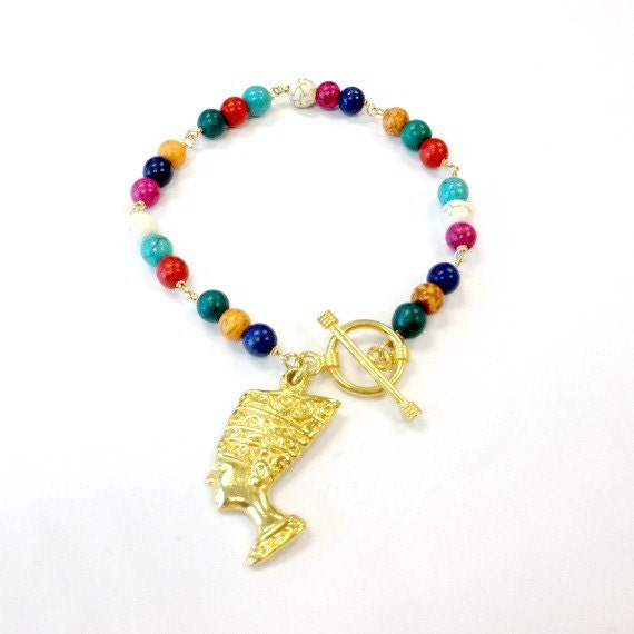 Turquoise Bracelet Gold Jewelry Egyptian Jewellery Color Block Multicolor Yellow Gold Charm Gemstone Jewel Tones Queen Nefertiti B-255