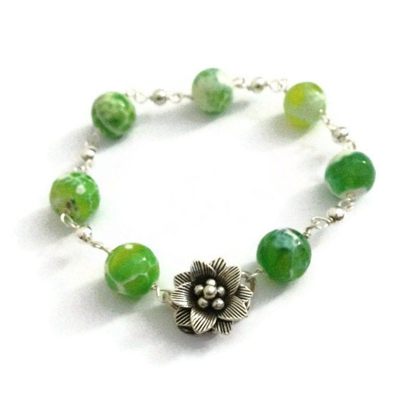Green Bracelet Agate Gemstone Sterling Silver Jewelry Flower Clasp Spring Fashion Lime Green Apple Green B-261
