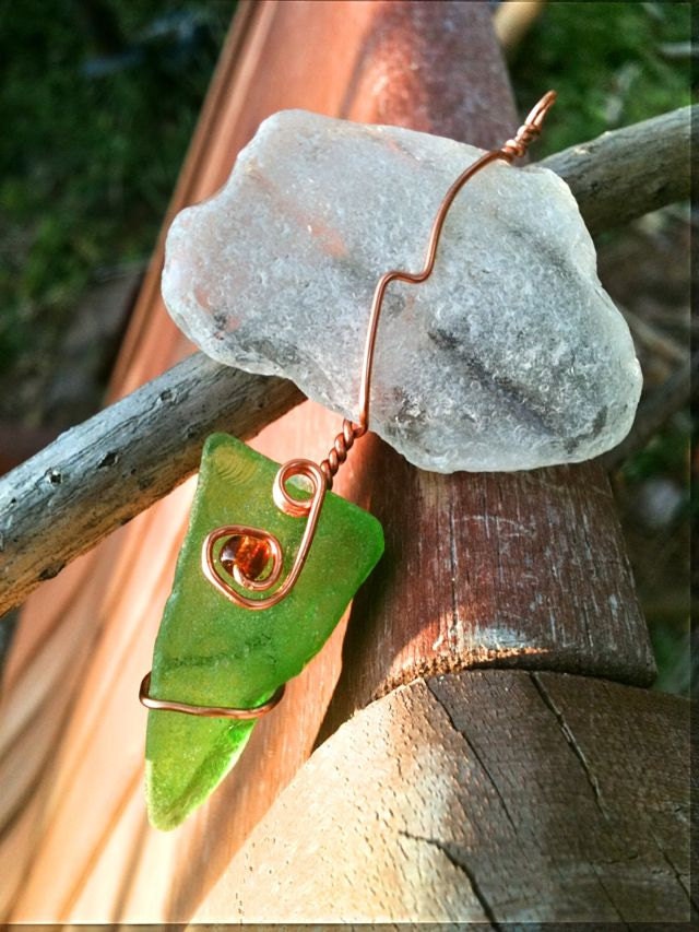Sea glass Pendant, Simply Abstract - A frosted river glass  and copper wire pendant