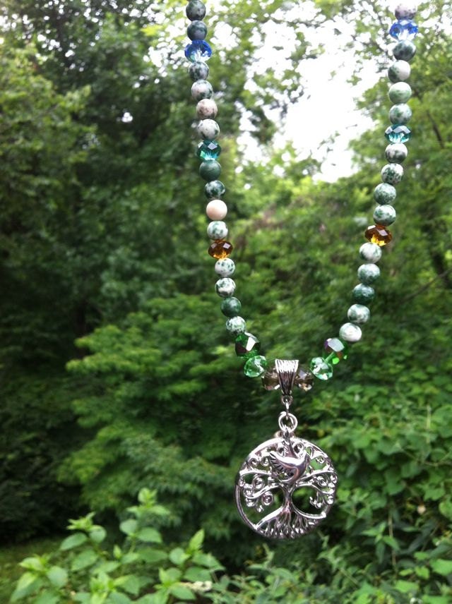 Tree of Life Pendant Necklace with Tree Agate and Swarovski Crystal, Matching Earrings