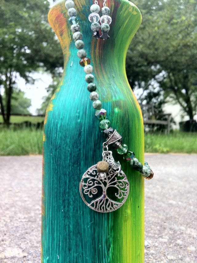 Tree of Life Pendant Necklace with Tree Agate and Swarovski Crystal, Matching Earrings