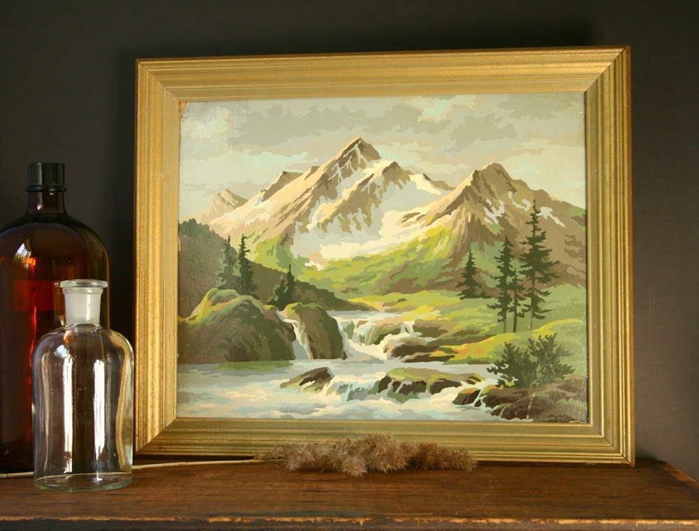 Paint by Number, Mountain scene, vintage painting